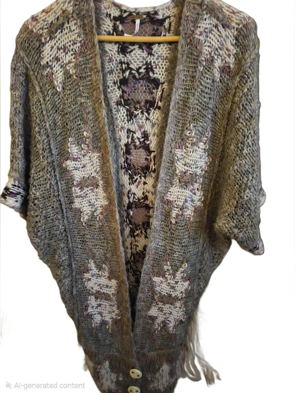 Free People Size Large Chunky Knit Kimono Cardigan Sweater Bohemian Floral